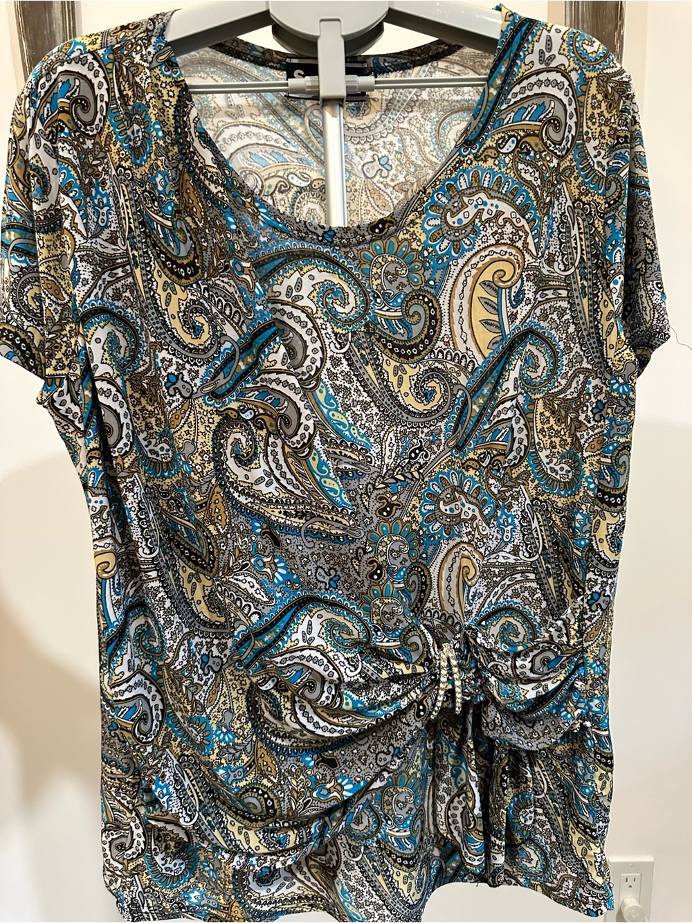 Paisley Tie-Front Short Sleeve Tee in Teal, Cream, Black